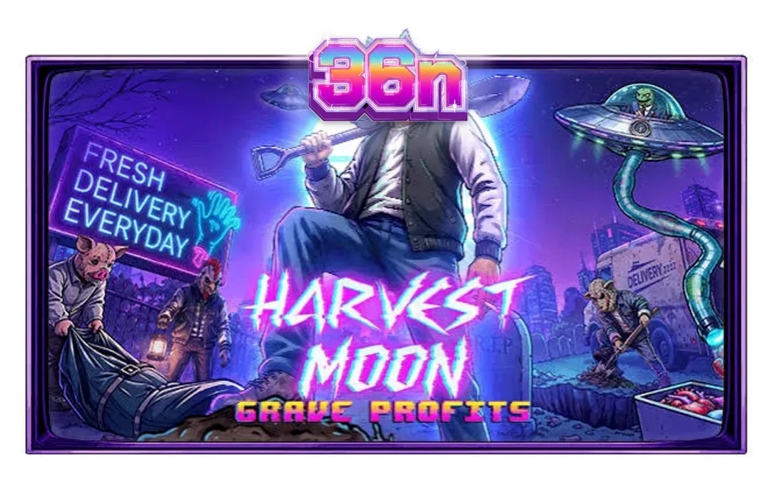 Tela principal do slot Harvest Moon Grave Profits com tema de horror e ficção científica